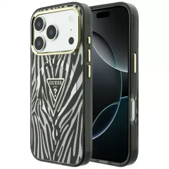 GUESS IML Zebra Glitter Triangle Logo ovitek MagSafe za iPhone 18 Pro Max / 17 Pro Max, srebrn