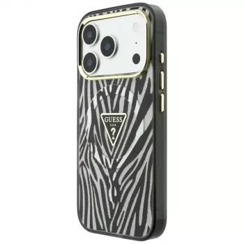 GUESS IML Zebra Glitter Triangle Logo ovitek MagSafe za iPhone 18 Pro Max / 17 Pro Max, srebrn