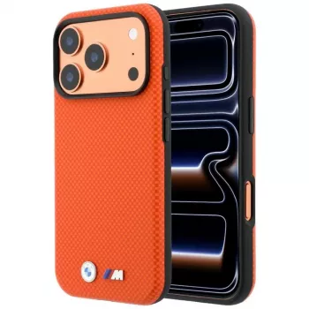 BMW M Quadrille Kevlar MagSafe ovitek za iPhone 17 Pro Max / 18 Pro Max – oranžen s kovinskim logotipom