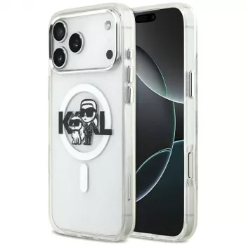Karl Lagerfeld IML Glitter Karl & Choupette Sketch Logo MagSafe ovitek za iPhone 17 Pro Max, prozoren