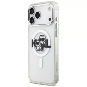 Karl Lagerfeld IML Glitter Karl & Choupette Sketch Logo MagSafe ovitek za iPhone 17 Pro Max, prozoren