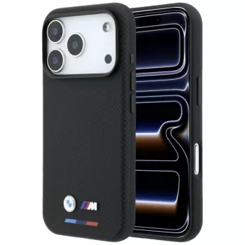 BMW M Quadrille Kevlar Tricolor & Metal Logo MagSafe ovitek za iPhone 18 Pro / 17 Pro - črn