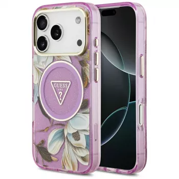 GUESS IML Glitter Flowers Triangle MagSafe ovitek za iPhone 18 Pro / 17 Pro - vijoličen