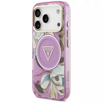 GUESS IML Glitter Flowers Triangle MagSafe ovitek za iPhone 18 Pro / 17 Pro - vijoličen