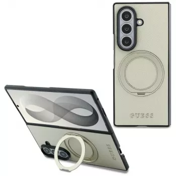 Guess Magnetic Ring Stand Grained Classic Logo MagSafe ovitek za Samsung Galaxy Z Fold 8 Ultra (bež)
