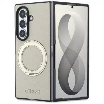Guess Magnetic Ring Stand Grained Classic Logo MagSafe ovitek za Samsung Galaxy Z Fold 8 Ultra (bež)