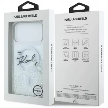 Karl Lagerfeld Liquid Glitter Karl Script Logo MagSafe ovitek za iPhone 17 Pro prozoren