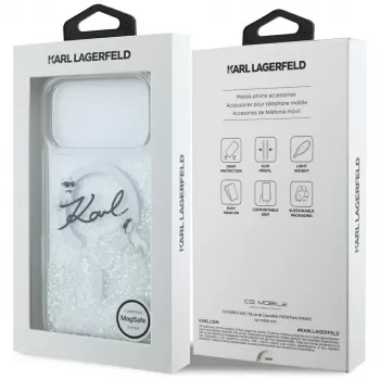 Karl Lagerfeld Liquid Glitter Karl Script Logo MagSafe ovitek za iPhone 17 Pro Max, prozoren