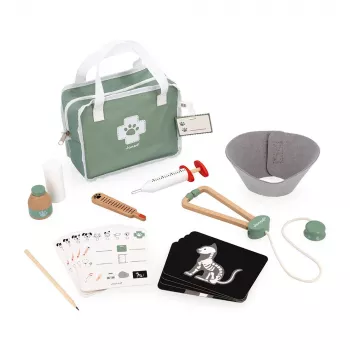 Janod veterinarski set - 10-delni igralni set z lesenimi instrumenti in prenosno torbico iz blaga