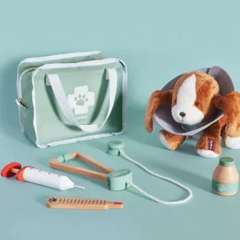 Janod veterinarski set - 10-delni igralni set z lesenimi instrumenti in prenosno torbico iz blaga