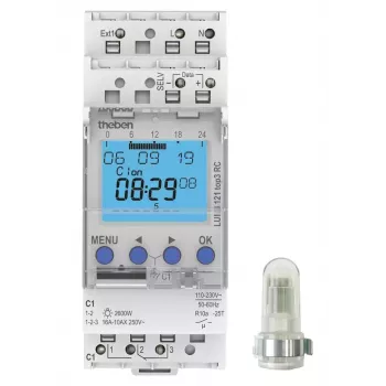 THEBEN LUNA 121 top3 RC AL digitalno stikalo za mrak z nadometnim svetlobnim senzorjem, 1-kanalno, 1–99.000 lx, 230 V AC, DIN-tirnica, IP20/IP55