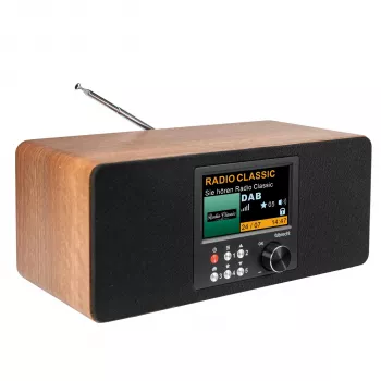 Albrecht DR 864 stereo DAB+ FM radio z Bluetooth, ohišje iz lesa, 2x7W RMS, 2,4-palčni barvni zaslon TFT, dvojni alarm, AUX-In, priključek za slušalke, funkcija polnjenja USB, daljinski upravljalnik