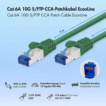 LogiLink Cat.6A S/FTP LSZH patch kabel, CCA, zelen, 5 m, EconLine