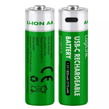 LogiLink LR6RCB2 USB-C polnilne AA litij-ionske baterije, 2 kosa, 1,5 V konstantna izhodna napetost, 2600 mWh