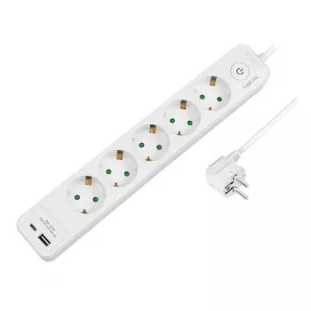 LogiLink LPS280U podaljšek z 5 AC vtičnicami, 2 USB priključkoma (USB-A & USB-C), 17W, bel