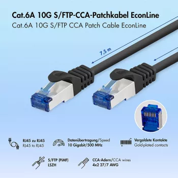 LogiLink EconLine Cat.6A S/FTP LSZH patch kabel, 7,5 m, črn, CCA