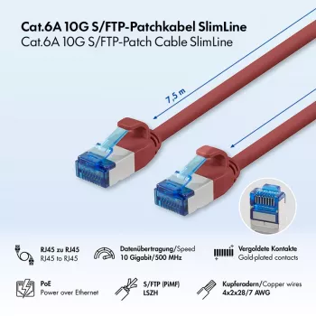 LogiLink Cat.6A Slim S/FTP LSZH patch kabel, rdeč, 7,5 m