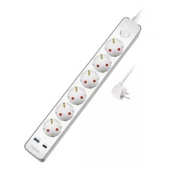 LogiLink podaljšek z 6 varnostnimi vtičnicami, USB-A in USB-C PD 20W, stikalo za vklop/izklop, 1,5 m, bel
