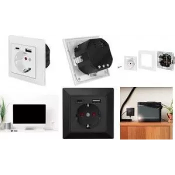 LogiLink PA0262B stenska vtičnica z 1 Schuko vtičnico, 1 USB-A in 1 USB-C polnilnikom, črna