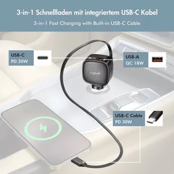 LogiLink USB avtopolnilnik, 3 vrata vkl. z izvlečnim USB-C kablom, 60W, PD, QC, črn