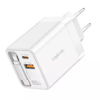 LogiLink USB-A/C polnilnik 65 W GaN s 3 vrati, bel, z USB-C kablom
