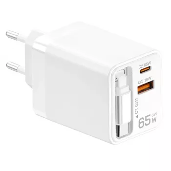 LogiLink USB-A/C polnilnik 65 W GaN s 3 vrati, bel, z USB-C kablom