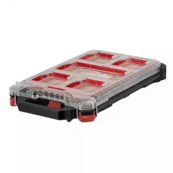 Milwaukee PACKOUT vitek organizator Medium 8277387 - IP65 odporen na vodo in prah, 10 odstranljivih posod, prozoren pokrov iz polikarbonata, kovinsko ojačana zapirala, rdeče-črna