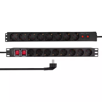 LogiLink PDU1601 19-palčna 1U rack enota za razdeljevanje napajanja, 16 vtičnic Schuko, zaščita pred prenapetostjo, 16A, 2m kabel, črna