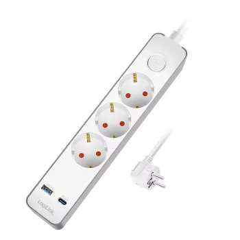 LogiLink LPS287U podaljšek z 3 varnostnimi vtičnicami, USB-A in USB-C PD 20W, nihajno stikalo, 1,5m kabel, bel