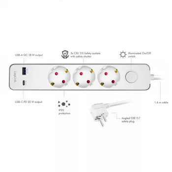 LogiLink LPS287U podaljšek z 3 varnostnimi vtičnicami, USB-A in USB-C PD 20W, nihajno stikalo, 1,5m kabel, bel