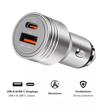 LogiLink USB avtopolnilnik, 2 vrata, 20W hitro polnjenje, srebrn