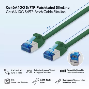 LogiLink SlimLine Cat.6A S/FTP LSZH patch kabel, 3m, zelen