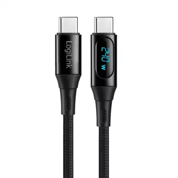 LogiLink kabel USB 2.0 Type-C s prikazom moči, C/M na C/M, 480 Mbps, 240W PD 3.1, najlonski pleteni, črn, 1 m