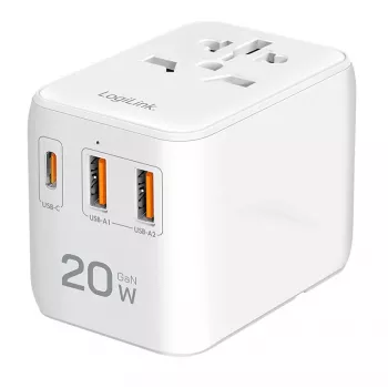 LogiLink PA0356 USB-A/C potovalni polnilnik 20W GaN 3-vratni bel