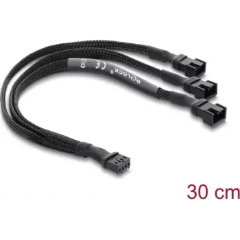Delock razdelilni kabel za ventilator 1 x 4-Pin PWM vtičnica na 2 x 4-Pin PWM vtič (drugi s 3 pini) pletena cev 30 cm črn
