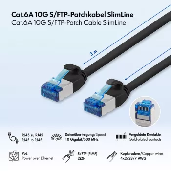 LogiLink Cat.6A Slim S/FTP LSZH patch kabel, črn, 3 m, SlimLine