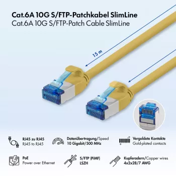 LogiLink Cat.6A Slim S/FTP LSZH patch kabel, rumen, 15 m, SlimLine
