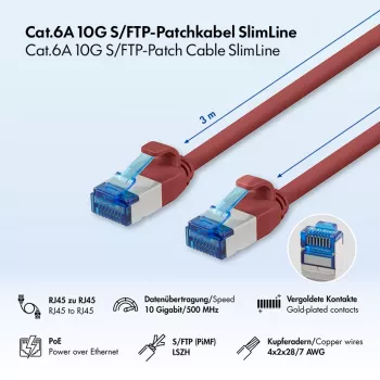 LogiLink SlimLine Cat.6A S/FTP LSZH patch kabel, rdeč, 3m, 10 Gbit/s