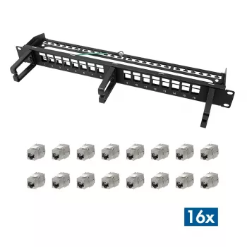 LOGILINK modularna 16-portna Cat.6A Keystone patch plošča, 19/1U, s 3 kabelskimi obroči, črna