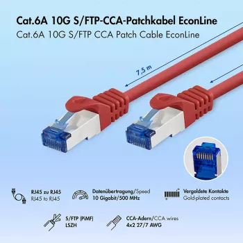 LogiLink Cat.6A S/FTP LSZH patch kabel, CCA, rdeč, 7,5m, EconLine