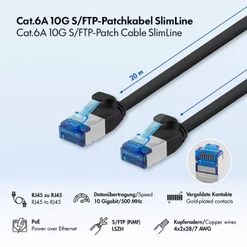 LogiLink SlimLine Cat.6A S/FTP LSZH patch kabel, 20 m, črn