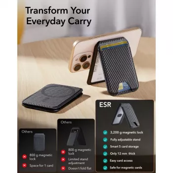 ESR Classic RFID magnetna denarnica s stojalom MagSafe, karbonska vlakna črna