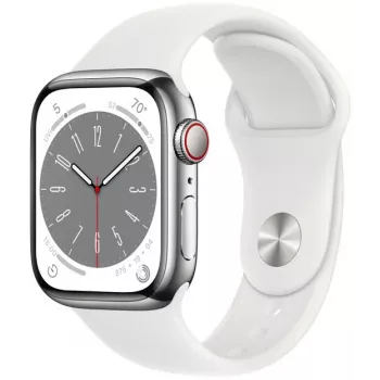 Apple Watch Series 8 GPS + Cellular 41mm ohišje iz nerjavnega jekla s športnim paščkom, srebrna/bela (MNJ53EL/A)