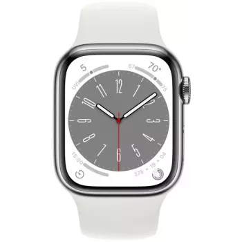 Apple Watch Series 8 GPS + Cellular 41mm ohišje iz nerjavnega jekla s športnim paščkom, srebrna/bela (MNJ53EL/A)