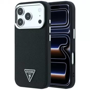 Guess Grained Triangle Logo ovitek MagSafe za iPhone 17 Pro Max / 18 Pro Max – črn