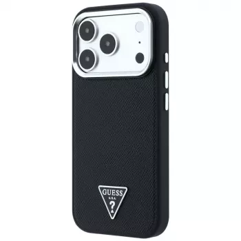 Guess Grained Triangle Logo ovitek MagSafe za iPhone 17 Pro Max / 18 Pro Max – črn