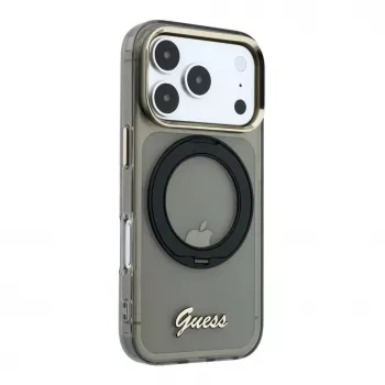 Guess IML Ring Stand 360 Script Metal Logo ovitek MagSafe za iPhone 17 Pro / 18 Pro – črn