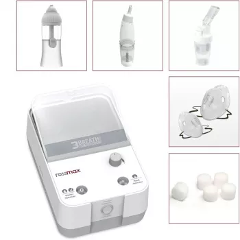 Rossmax NK1000 3-v-1 batni kompresorski nebulizator z izpiranjem nosu in aspiratorjem, velikost delcev 2,5 μm, >80 % delež finih delcev, hitrost razprševanja 0,35 ml/min, posodica za zdravilo 5 ml, kapaciteta izpiranja nosu 10 ml, hrup <60 dB, neprekinjeno delovanje, za odrasle in otroke