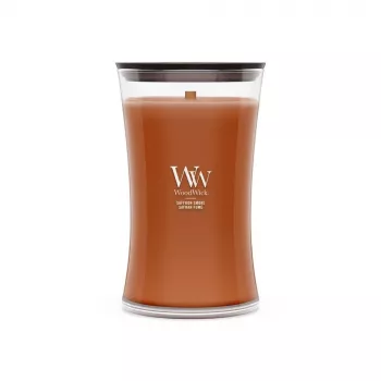 WoodWick Saffron Smoke velika peščena ura steklena sveča 609,5g