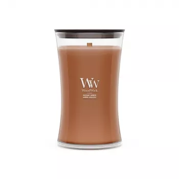WoodWick Radiant Amber 609,5g dišeča sveča z lesenim stenjem, do 180 ur gorenja, steklena posoda v obliki peščene ure